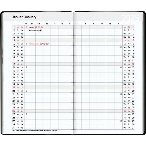 Taschenkalender 'Pluto 2025', Kartoneinband, Kalendarium in D/GB/F/I, B 87 x H 153 mm, schwarz