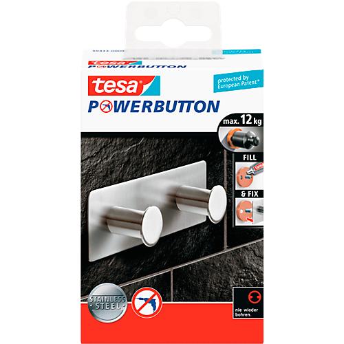 tesa Powerbutton Hakenleiste Classic, Edelstahl, 2 oder 3 Haken, hält bis max. 12 kg, 2 Haken