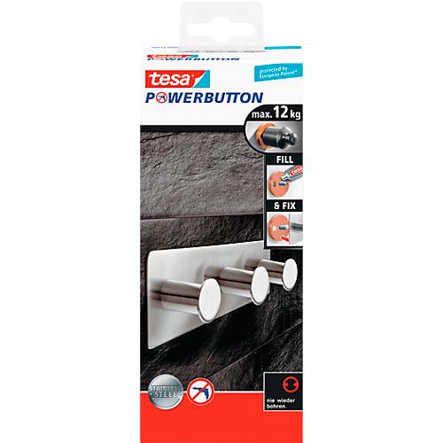tesa Powerbutton Hakenleiste Classic, Edelstahl, 2 oder 3 Haken, hält bis max. 12 kg, 3 Haken