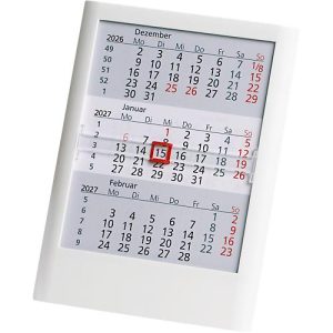 Tisch-Aufstellkalender Standard 2025/2026, 24 Seiten, roter Datumsschieber, B 120 x H 160 mm, Kunststoff, weiß Tisch-Aufstellkalender Standard 2025/2026, 24 Seiten, roter Datumsschieber, B 120 x H 160 mm, Kunststoff, weiß