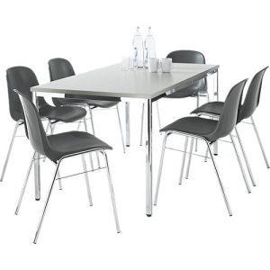 Tischgruppe, mit Stapelstuhl BETA, Bezug anthrazit, 6 Stück + Konferenztisch, B 1600 x T 800 mm, lichtgrau Tischgruppe, mit Stapelstuhl BETA, Bezug anthrazit, 6 Stück + Konferenztisch, B 1600 x T 800 mm, lichtgrau