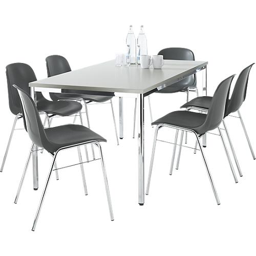 Tischgruppe, mit Stapelstuhl BETA, Bezug anthrazit, 6 Stück + Konferenztisch, B 1600 x T 800 mm, lichtgrau