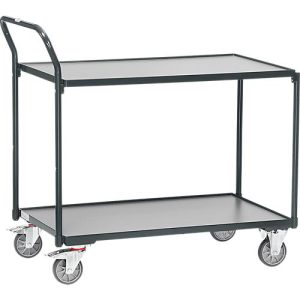 Tischwagen Fetra, 2 Etagen, L 850 x B 500 mm, bis 300 kg, 2 Schiebebügel, Lenk- & Bockrollen, Holz & Stahl, anthrazitgrau RAL 7016 Tischwagen Fetra, 2 Etagen, L 850 x B 500 mm, bis 300 kg, 2 Schiebebügel, Lenk- & Bockrollen, Holz & Stahl, anthrazitgrau RAL 7016