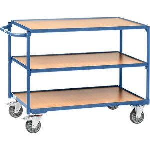 Tischwagen, leicht, 3 Etagen, L 850 x B 500 mm, bis 300 kg, Stahl/Holz, blau/buche Tischwagen, leicht, 3 Etagen, L 850 x B 500 mm, bis 300 kg, Stahl/Holz, blau/buche