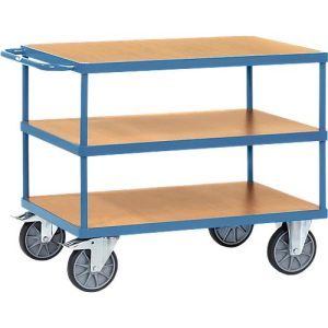 Tischwagen, schwer, 3 Etagen, 1000 x 700 mm, bis 500/600 kg, Stahl/Holz, blau/buche Tischwagen, schwer, 3 Etagen, 1000 x 700 mm, bis 500/600 kg, Stahl/Holz, blau/buche