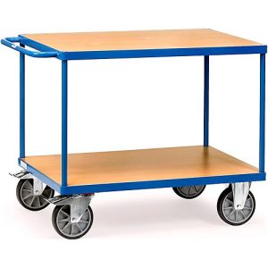 Tischwagen, Stahl/Holz, 2 Etagen, L 1200 x B 800 mm, bis 600 kg, brillantblau/Buchedekor Tischwagen, Stahl/Holz, 2 Etagen, L 1200 x B 800 mm, bis 600 kg, brillantblau/Buchedekor