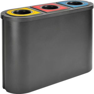 Triomf Wertstoffsammler, 3-fach, HDPE, 3 x 45 Liter, für Papier/Plastik/Wiederverwertbares, B 1100 x T 385 x H 755 mm, schwarz Triomf Wertstoffsammler, 3-fach, HDPE, 3 x 45 Liter, für Papier/Plastik/Wiederverwertbares, B 1100 x T 385 x H 755 mm, schwarz