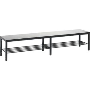 Umkleidebank Basic Plus, für Feuchträume, ohne Rückenlehne, 6-Fußgestell schwarzgrau RAL 7021, mit Schuhrost, B 1960 mm, Dekor silbergrau Umkleidebank Basic Plus, für Feuchträume, ohne Rückenlehne, 6-Fußgestell schwarzgrau RAL 7021, mit Schuhrost, B 1960 mm, Dekor silbergrau