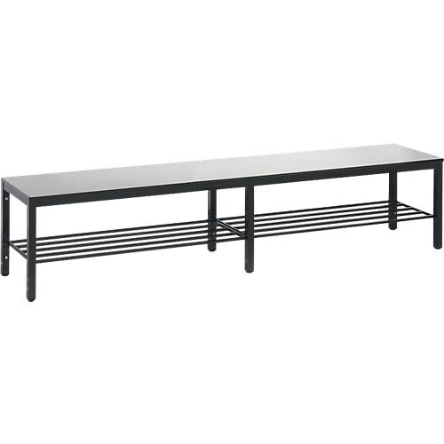 Umkleidebank Basic Plus, für Feuchträume, ohne Rückenlehne, 6-Fußgestell schwarzgrau RAL 7021, mit Schuhrost, B 1960 mm, Dekor silbergrau