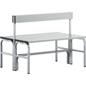 Umkleidebank, Edelstahlrohr/Alu, doppelt mit Rückenteil, 1015 mm breit, weißalu Umkleidebank, Edelstahlrohr/Alu, doppelt mit Rückenteil, 1015 mm breit, weißalu
