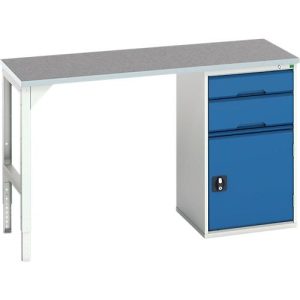 Unterbauwerkbank Bott verso, Linoleum-Platte, 2 Schubladen, 1 Tür, 1 Ablageboden, B 1500 x T 600 x H 930 mm, Lichtgrau / Enzianblau Unterbauwerkbank Bott verso, Linoleum-Platte, 2 Schubladen, 1 Tür, 1 Ablageboden, B 1500 x T 600 x H 930 mm, Lichtgrau / Enzianblau