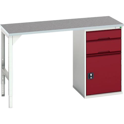 Unterbauwerkbank Bott verso, Linoleum-Platte, 2 Schubladen, 1 Tür, 1 Ablageboden, B 1500 x T 600 x H 930 mm, Lichtgrau / Purpurrot