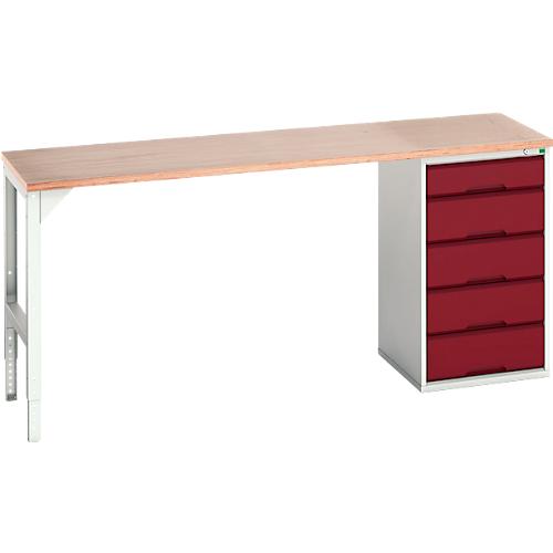 Unterbauwerkbank Bott verso, Multiplex-Platte, 5 Schubladen, B 2000 x T 600 x H 930 mm, Lichtgrau / Purpurrot