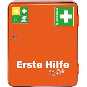 Verbandschrank HEIDELBERG, Stahlblech, Sicherheitsschloss, B 362 x T 140 x H 302 mm, Inhalt nach DIN 13157, orange Verbandschrank HEIDELBERG, Stahlblech, Sicherheitsschloss, B 362 x T 140 x H 302 mm, Inhalt nach DIN 13157, orange