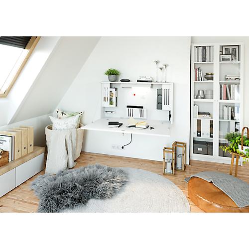 Wandschreibtisch, ideal für das Home Office, ausklappbare Tischplatte, umfangreiche Innenausstattung, B 1200 x T 260 x H 650 mm, weiß/weiß
