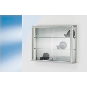 Wandvitrine, einhängend, 2 verstellbare Glasböden, abschließbare Schiebetüren, ESG-Sicherheitsglas, B 800 x T 120 x H 590 mm Wandvitrine, einhängend, 2 verstellbare Glasböden, abschließbare Schiebetüren, ESG-Sicherheitsglas, B 800 x T 120 x H 590 mm