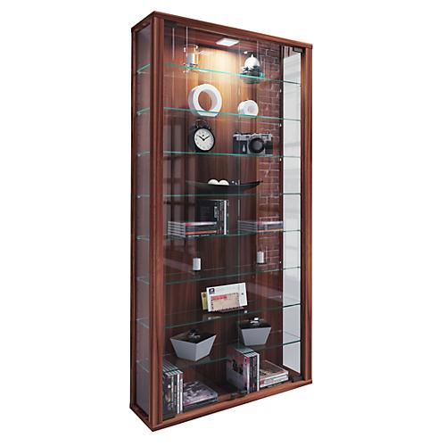 Wandvitrine Vitrosa Maxi, mit LED-Beleuchtung, 8 Einlegeböden, 2 Flügeltüren, B 590 x T 180 x H 1140 mm, Glas & Holz, Kern-Nussbaum-Dekor