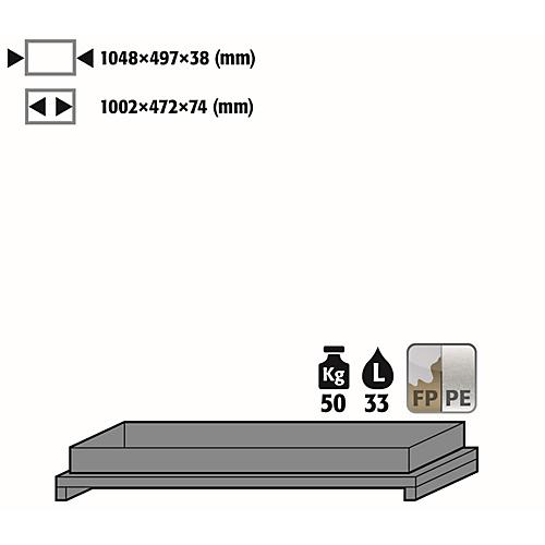 Wannenboden Standard für asecos Sicherheitsschränke der Q30, Q90 und S90 Serie, Polypropylen, grau, B 955 x T 485 x H 112 mm, 33 l, bis 50 kg