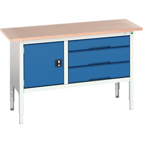 Werkbank Bott verso, bis zu 600 kg, 3 Schubladen & 1 Tür, B 1500 x T 600 x H 830 - 930 mm, Buche Multiplex, Stahl, Lichtgrau RAL 7035 / Enzianblau RAL 5010