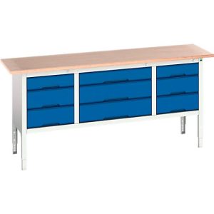 Werkbank Bott verso, bis zu 800 kg, 9 Schubladen, B 2000 x T 600 x H 930 mm, Buche Multiplex, Stahl, Lichtgrau RAL 7035 / Enzianblau 5010 Werkbank Bott verso, bis zu 800 kg, 9 Schubladen, B 2000 x T 600 x H 930 mm, Buche Multiplex, Stahl, Lichtgrau RAL 7035 / Enzianblau 5010