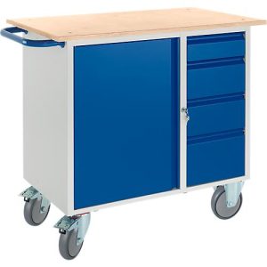 Werkbank mit Schrank, 4 Schubladen und 2 Lenkrollen/2 Bockrollen Werkbank mit Schrank, 4 Schubladen und 2 Lenkrollen/2 Bockrollen