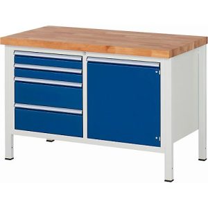 Werkbank Serie 8470, 4 Schubladen, 1 Fachboden mit Tür, B 1250 x T 700 x H 840-1040 mm Werkbank Serie 8470, 4 Schubladen, 1 Fachboden mit Tür, B 1250 x T 700 x H 840-1040 mm