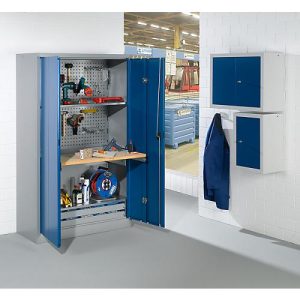 Werkstattschrank mit Falttüren, B 1200 x T 500 x H 1935 mm, weißaluminium RAL 9006/enzianblau Werkstattschrank mit Falttüren, B 1200 x T 500 x H 1935 mm, weißaluminium RAL 9006/enzianblau
