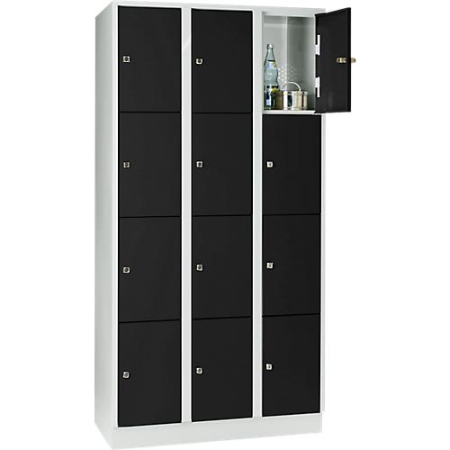 Wertfachschrank 300 mm, 3 Abteile, 12 Fächer, Sicherheitszylinderschloss, Sockel, tiefschwarz