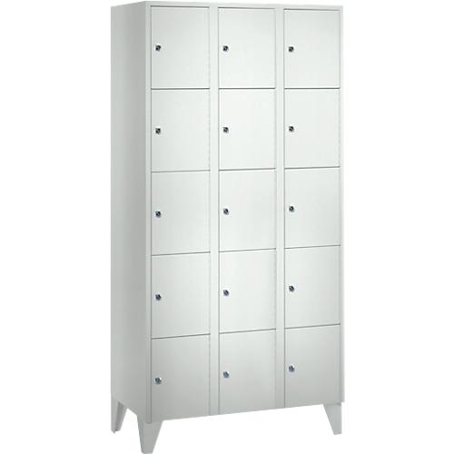 Wertfachschrank 300 mm, 3 Abteile, 15 Fächer, Sicherheitszylinderschloss, Fuß, lichtgrau