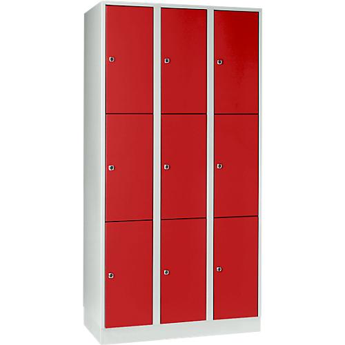 Wertfachschrank 300 mm, 3 Abteile, 9 Fächer, Sicherheitszylinderschloss, Sockel, feuerrot