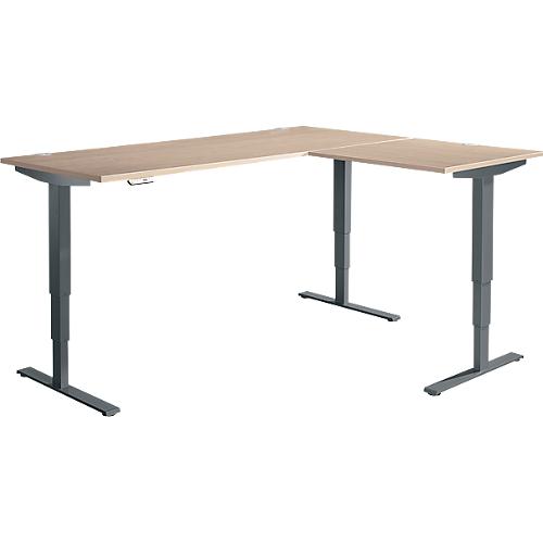 Winkelschreibtisch AERO FLEX, elektrisch höhenverstellbar, 90° Winkel, T-Fuß, B 2000 x T 1600 mm, Eiche/anthrazit + Memorypanel