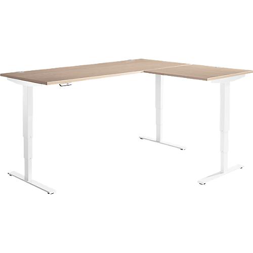 Winkelschreibtisch AERO FLEX, elektrisch höhenverstellbar, 90° Winkel, T-Fuß, B 2000 x T 1600 mm, Eiche/weiß + Memorypanel