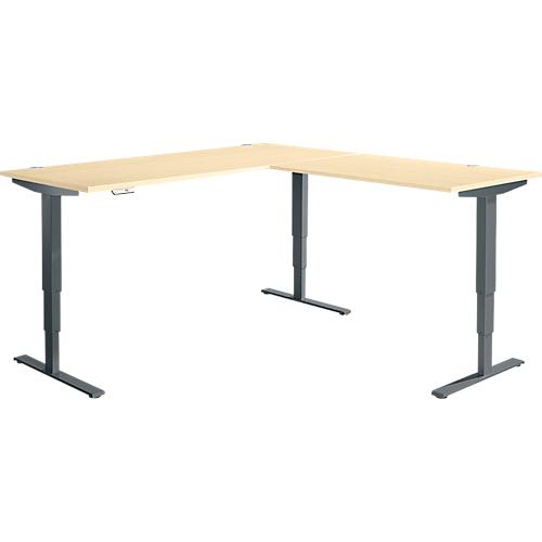 Winkelschreibtisch AERO FLEX, elektrisch höhenverstellbar, 90° Winkel, T-Fuß, B 2000 x T 2000 mm, Ahorn/anthrazit + Memorypanel