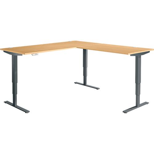 Winkelschreibtisch AERO FLEX, elektrisch höhenverstellbar, 90° Winkel, T-Fuß, B 2000 x T 2000 mm, Buche/anthrazit + Memorypanel