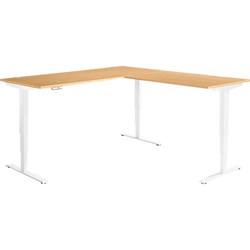 Winkelschreibtisch AERO FLEX, elektrisch höhenverstellbar, 90° Winkel, T-Fuß, B 2000 x T 2000 mm, Buche/weiß + Memorypanel