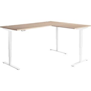 Winkelschreibtisch AERO FLEX, elektrisch höhenverstellbar, 90° Winkel, T-Fuß, B 2000 x T 2000 mm, Eiche/weiß + Memorypanel Winkelschreibtisch AERO FLEX, elektrisch höhenverstellbar, 90° Winkel, T-Fuß, B 2000 x T 2000 mm, Eiche/weiß + Memorypanel