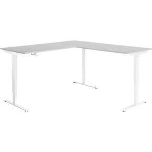 Winkelschreibtisch AERO FLEX, elektrisch höhenverstellbar, 90° Winkel, T-Fuß, B 2000 x T 2000 mm, lichtgrau/weiß + Memorypanel Winkelschreibtisch AERO FLEX, elektrisch höhenverstellbar, 90° Winkel, T-Fuß, B 2000 x T 2000 mm, lichtgrau/weiß + Memorypanel