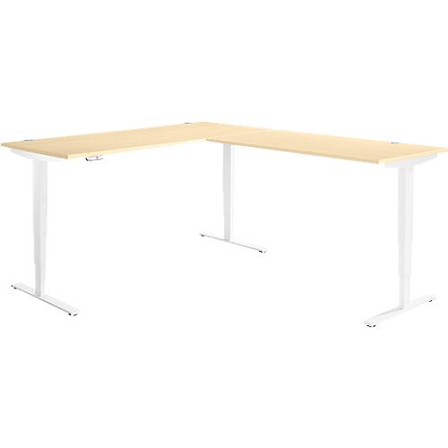 Winkelschreibtisch AERO FLEX, elektrisch höhenverstellbar, 90° Winkel, T-Fuß, B 2000 x T 2400 mm, Ahorn/weiß + Memorypanel