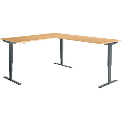 Winkelschreibtisch AERO FLEX, elektrisch höhenverstellbar, 90° Winkel, T-Fuß, B 2000 x T 2400 mm, Buche/anthrazit + Memorypanel