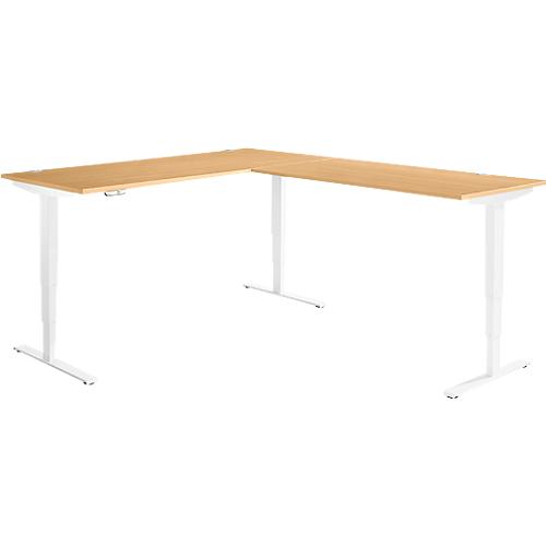 Winkelschreibtisch AERO FLEX, elektrisch höhenverstellbar, 90° Winkel, T-Fuß, B 2000 x T 2400 mm, Buche/weiß + Memorypanel