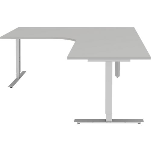 Winkelschreibtisch BARI 90°, T-Fuß, Freiformtisch, Winkel rechts, B 1800 x T 1000/800 x H 680-820 mm, hellgrau/Alu