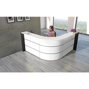Winkeltheke Faro, mit Ablage- und Seitenplatten, melaminharzbeschichtet, ABS-Kanten, B 2320 x T 2320 x H 1120 mm, weiß/anthrazit